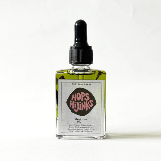 Bottle of Hops Hijinks oil with a dropper on a white background