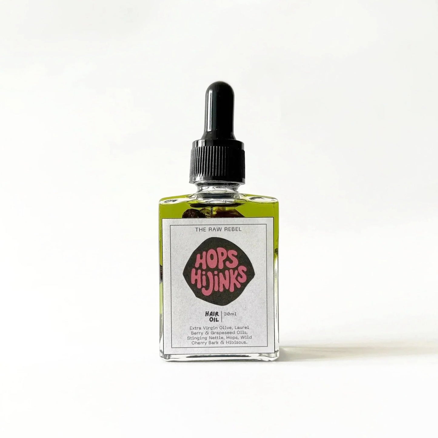 Bottle of 'Hops Hijinks' oil with a dropper on a white background