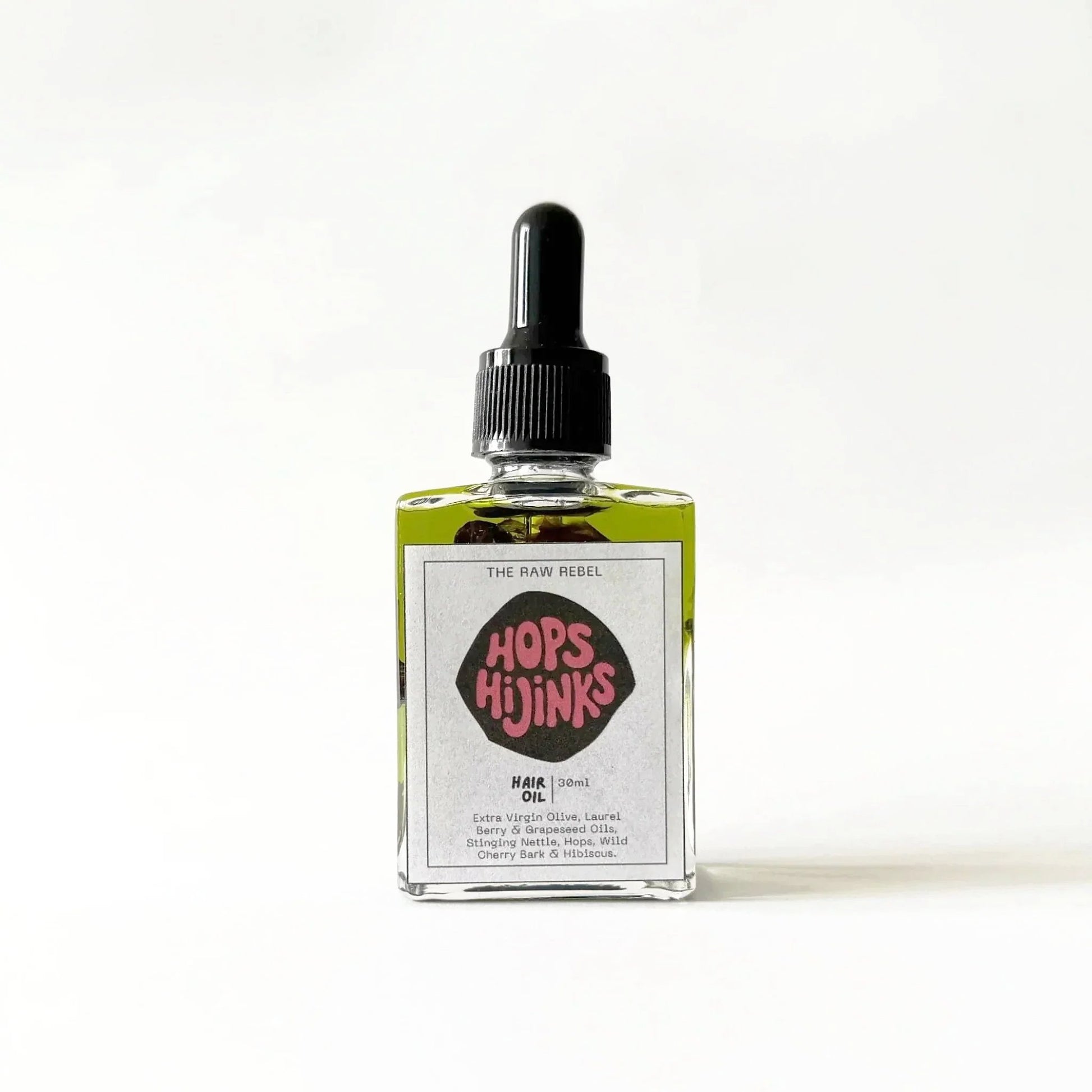 Bottle of 'Hops Hijinks' oil with a dropper on a white background